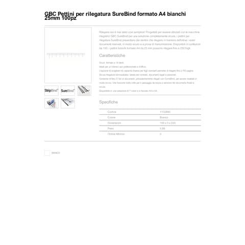 Pettini per rilegatura GBC SureBind 25 mm A4 bianco - fino a 250 fogli conf. da 100 - 1132840